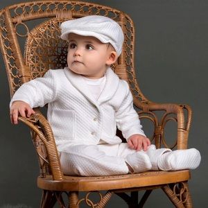 Baby Beau & Belle 3 piece suit with hat and shoes, size 0-3 months. Like New